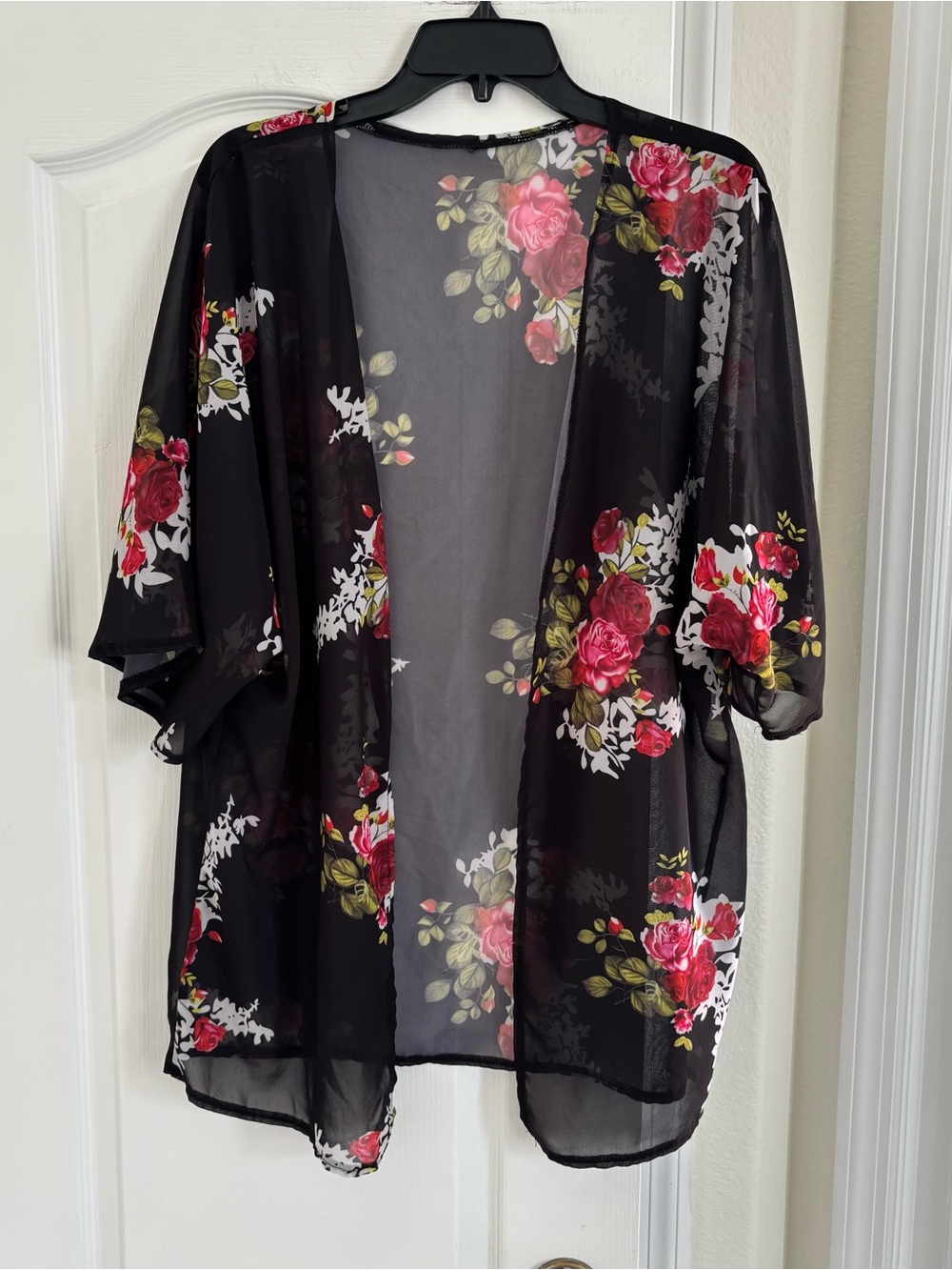 Women’s Floral Sheer Kimono Cardigan - Black with Red Rose Print